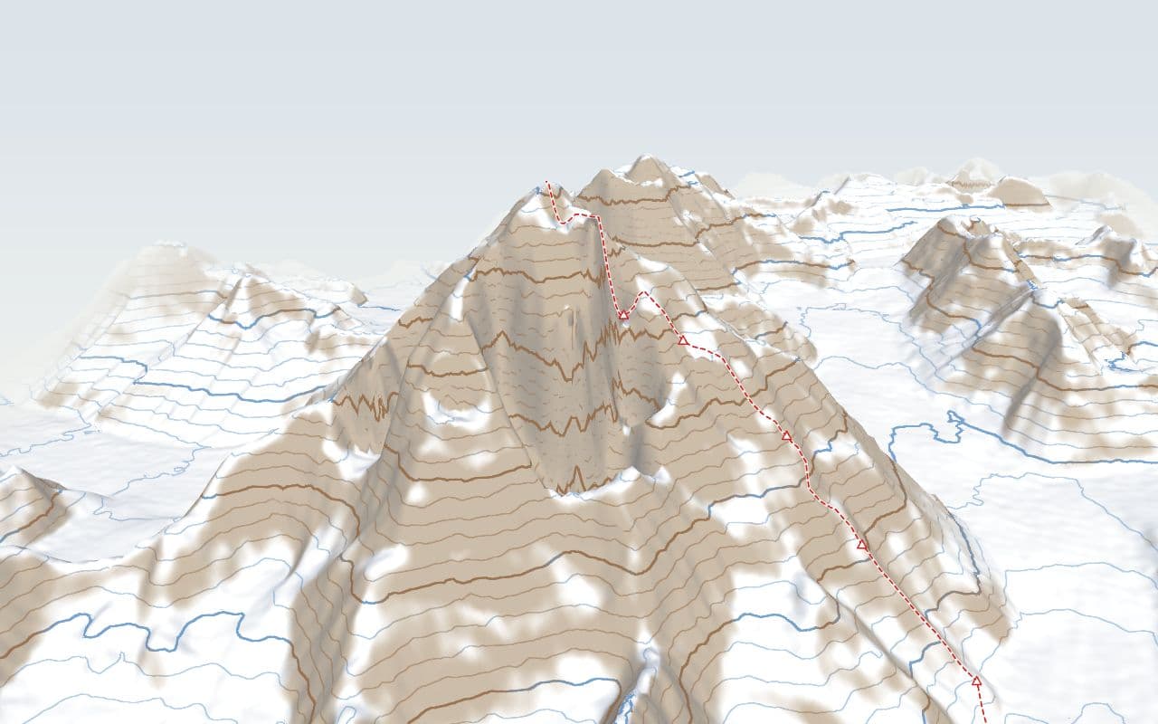 A relief model of K2 with brown and blue contour lines and the climbing route traced in red up its south-east ridge